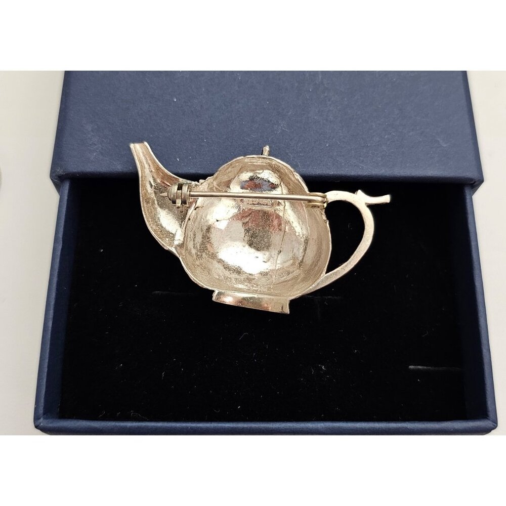 Sterling Silver Repousse Teapot Brooch Scroll Design Pin J379 View 5